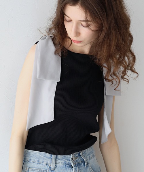 BLUEEAST（ブルーイースト）の「ショルダーリボンノースリリブニット（タンクトップ・レディース・ブルーグレー/オフホワイト/ブラック・MEDIUM）」の22枚目の写真