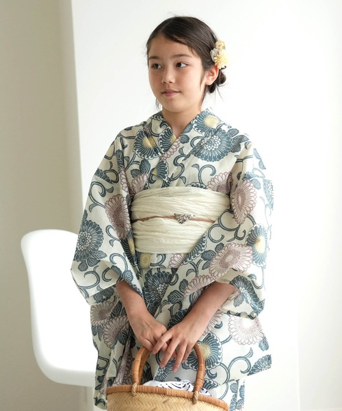 ジュニア浴衣3点セット ひよこ商店 くすみミントと薄桜の菊唐草
