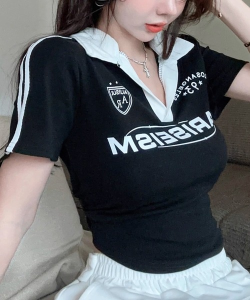HALEY PESCA(ヘーリーペスカ)の「HALEY PESCA/クロップド ポロネックゲームTシャツ カットソー(Tシャツ/カットソー・レディース・ブラック/ホワイト・SMALL/MEDIUM)」の16枚目の写真
