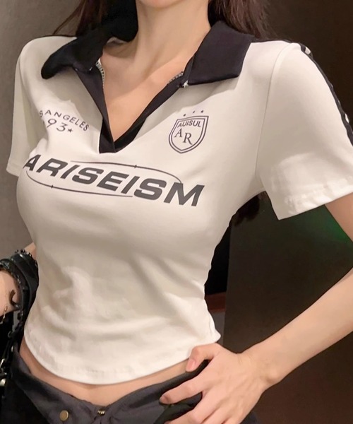 HALEY PESCA(ヘーリーペスカ)の「HALEY PESCA/クロップド ポロネックゲームTシャツ カットソー(Tシャツ/カットソー・レディース・ブラック/ホワイト・SMALL/MEDIUM)」の7枚目の写真