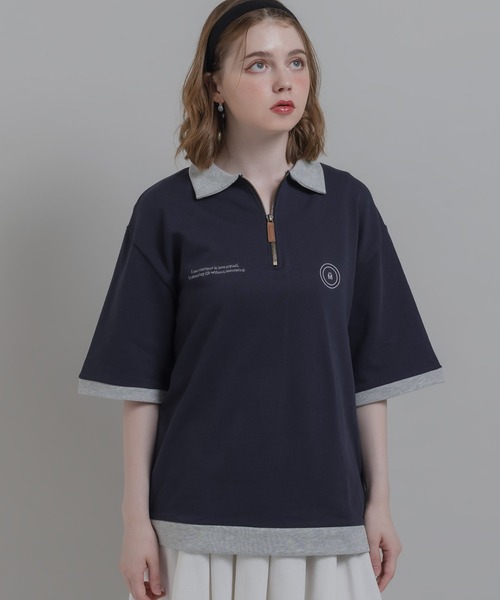 MUHET(ミュエータ)の「ミニ裏毛配色ハーフジップTシャツ(Tシャツ/カットソー・レディース・杢グレー/ネイビー・MEDIUM/X-LARGE)」の6枚目の写真
