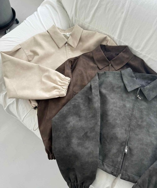 one after another NICE CLAUP(ワンアフターアナザーナイスクラップ)の「レザーライクショートブルゾン(ライダースジャケット・レディース・アイボリー/チャコールグレー/ブラウン・FREE)」の11枚目の写真