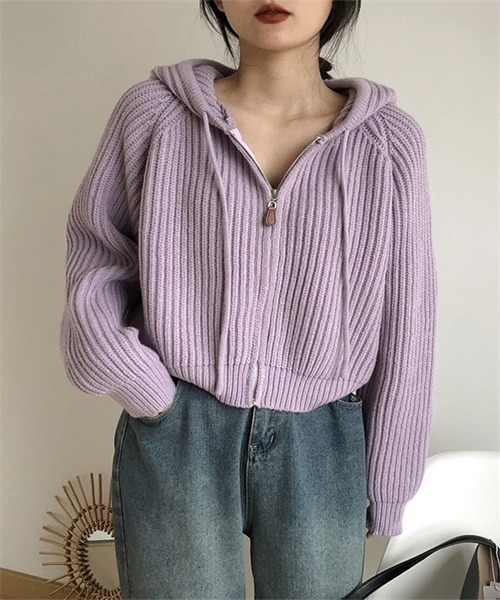 FREE STYLISTS（フリー スタイリスト）の「フードジップ ニットカーディガン（カーディガン/ボレロ・レディース・グレー/ミント/パープル/ピンク・FREE）」の3枚目の写真