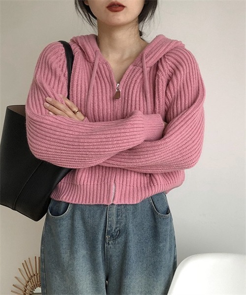 FREE STYLISTS（フリー スタイリスト）の「フードジップ ニットカーディガン（カーディガン/ボレロ・レディース・グレー/ミント/パープル/ピンク・FREE）」の4枚目の写真