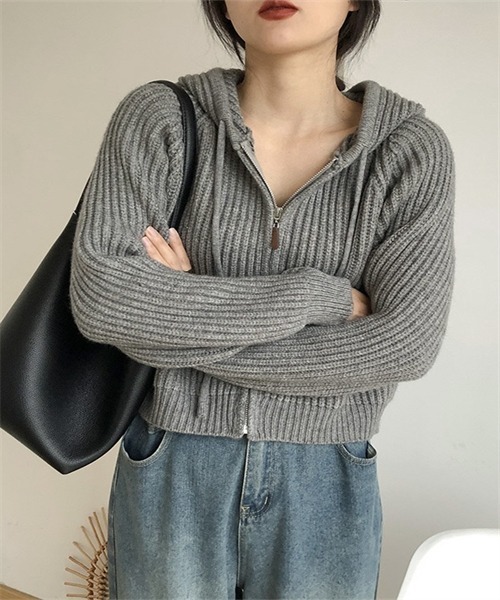 FREE STYLISTS（フリー スタイリスト）の「フードジップ ニットカーディガン（カーディガン/ボレロ・レディース・グレー/ミント/パープル/ピンク・FREE）」の6枚目の写真