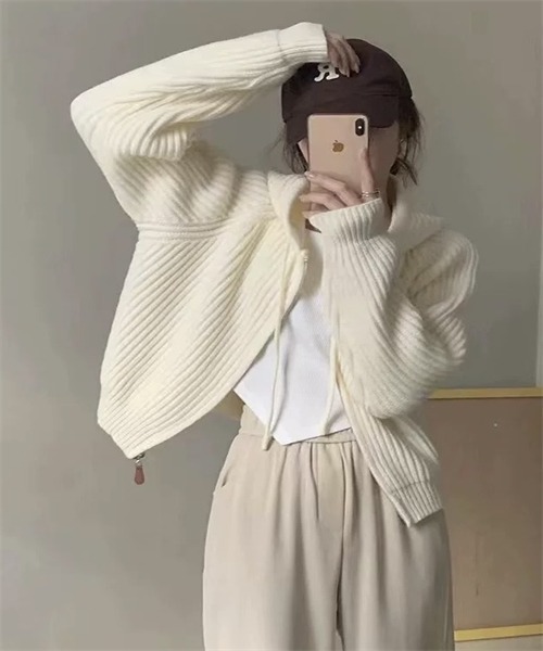 FREE STYLISTS（フリー スタイリスト）の「フードジップ ニットカーディガン（カーディガン/ボレロ・レディース・グレー/ミント/パープル/ピンク・FREE）」の15枚目の写真
