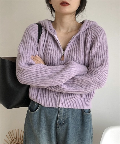FREE STYLISTS（フリー スタイリスト）の「フードジップ ニットカーディガン（カーディガン/ボレロ・レディース・グレー/ミント/パープル/ピンク・FREE）」の11枚目の写真