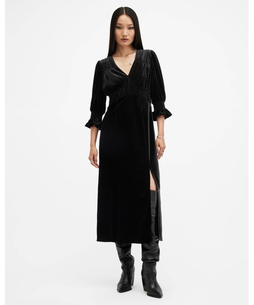 ANI V-NECK VELVET MIDI DRESS | ANI Vネック ベルベット ミディ ドレス・ワンピース（ワンピース）｜ALLSAINTS（オールセインツ）