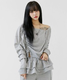 ルーズフィットドローストリングカットソー シャーリングトップス ストリングシャツ 変形トップス モード系　女子