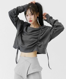 ルーズフィットドローストリングカットソー シャーリングトップス ストリングシャツ 変形トップス モード系 女子