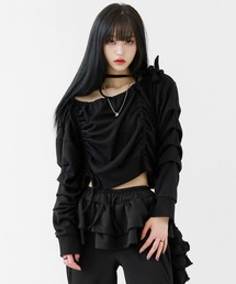 ルーズフィットドローストリングカットソー シャーリングトップス ストリングシャツ 変形トップス モード系 女子