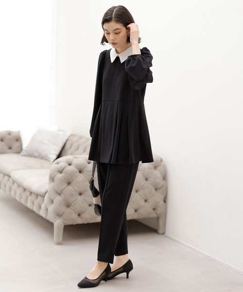 GeeRA（ジーラ）の「【2点セット】入卒式におすすめ！２ＷＡＹ配色襟プリーツ切替ブラウスセットアップ（スーツセット・レディース・ブラック/サンドグレー・LARGE/X-LARGE/MEDIUM）」の3枚目の写真