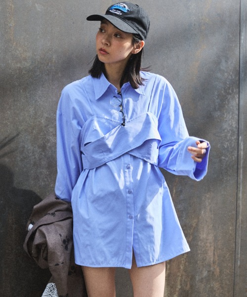 MIRROR STOKE（ミラーストーク）の「≪WEB限定≫【新色追加】BUSTIER SHIRT/ビスチェシャツ（シャツ/ブラウス・レディース・サックスブルー/ブルー/ブラック/オレンジ/アイボリー・MEDIUM）」の4枚目の写真