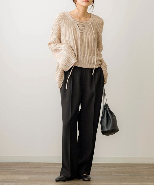 NOAHL(ノアル)の「【NOAHL】はしご編みレースアップニットプルオーバー(ニット/セーター・レディース・ブラウン系/アイボリー/ベージュ/ブルー系・FREE)」の5枚目の写真