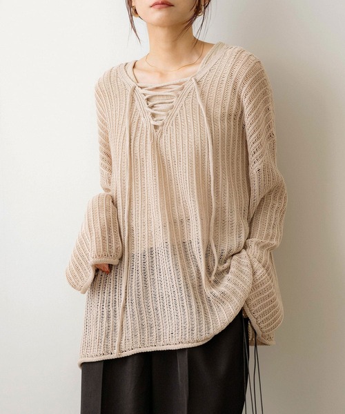 NOAHL(ノアル)の「【NOAHL】はしご編みレースアップニットプルオーバー(ニット/セーター・レディース・ブラウン系/アイボリー/ベージュ/ブルー系・FREE)」の6枚目の写真