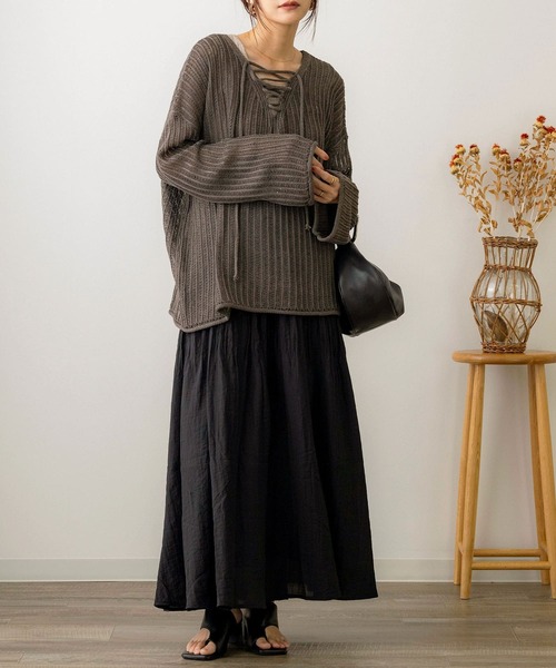 NOAHL(ノアル)の「【NOAHL】はしご編みレースアップニットプルオーバー(ニット/セーター・レディース・ブラウン系/アイボリー/ベージュ/ブルー系・FREE)」の21枚目の写真