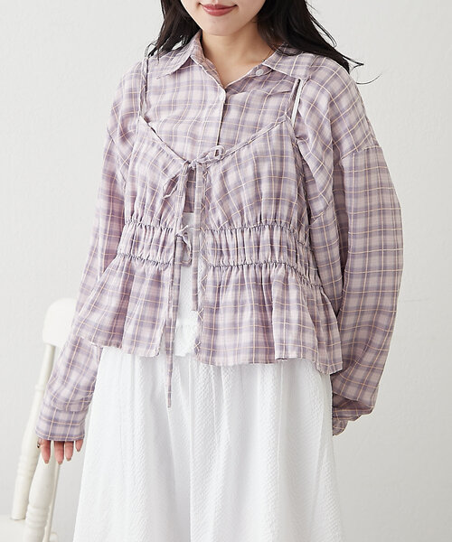 w closet(ダブルクローゼット)の「【2SETアイテム】ビスチェ付チェックシャツ(シャツ/ブラウス・レディース・ブルー/パープル/ブラック・FREE)」の1枚目の写真