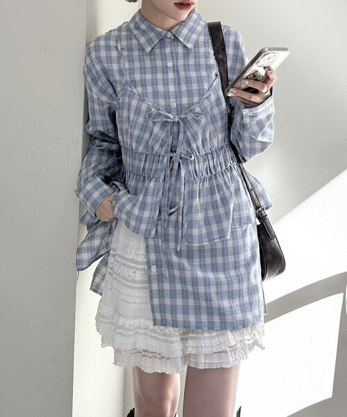 w closet(ダブルクローゼット)の「【2SETアイテム】ビスチェ付チェックシャツ(シャツ/ブラウス・レディース・ブルー/パープル/ブラック・FREE)」の3枚目の写真