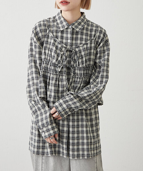 w closet(ダブルクローゼット)の「【2SETアイテム】ビスチェ付チェックシャツ(シャツ/ブラウス・レディース・ブルー/パープル/ブラック・FREE)」の6枚目の写真