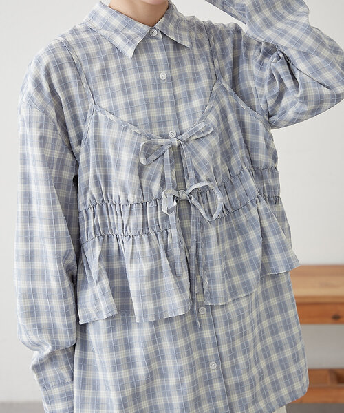 w closet(ダブルクローゼット)の「【2SETアイテム】ビスチェ付チェックシャツ(シャツ/ブラウス・レディース・ブルー/パープル/ブラック・FREE)」の9枚目の写真