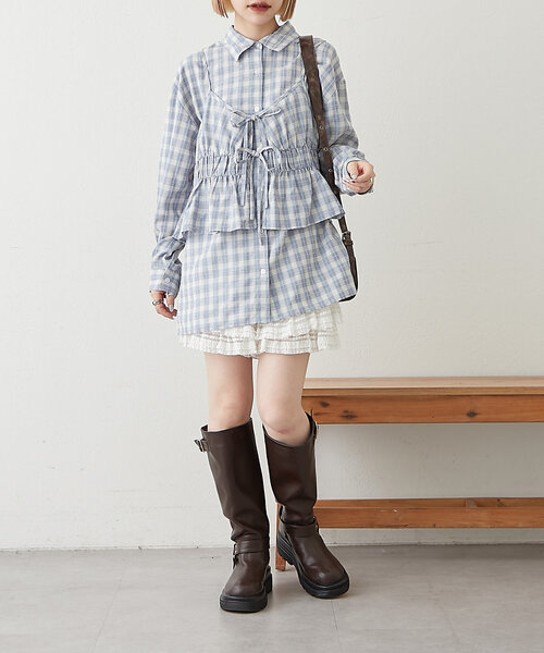 w closet(ダブルクローゼット)の「【2SETアイテム】ビスチェ付チェックシャツ(シャツ/ブラウス・レディース・ブルー/パープル/ブラック・FREE)」の11枚目の写真