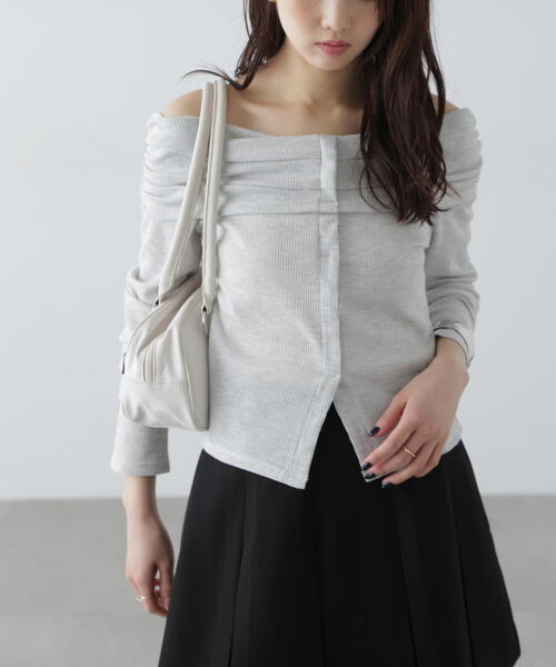 FREE'S MART（フリーズマート）の「◆ボーダーオフショル前スリットカットソー（Tシャツ/カットソー・レディース・ネイビー/ホワイト系その他/ホワイト・FREE）」の5枚目の写真