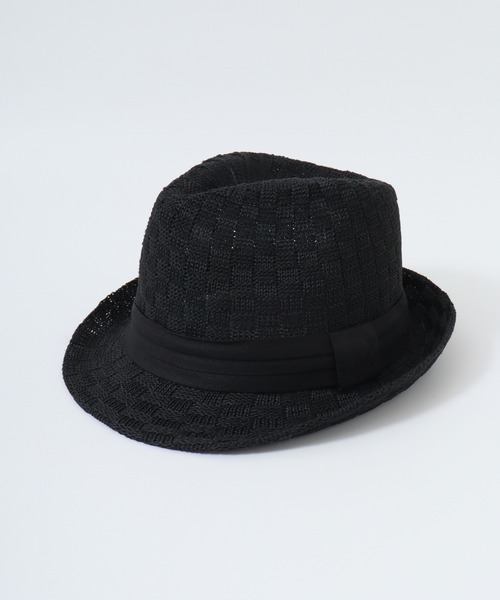 OVY ハット 黒 大きいサイズ 頭囲60cm チェッカー編みサーモ中折れハットBIG
