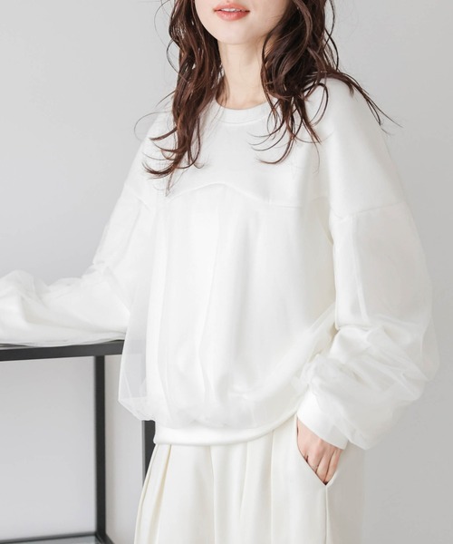 AMELY(エミリー)の「チュールレイヤードプルオーバー(Tシャツ/カットソー・レディース・ホワイト/ベージュ/ブラック・フリー)」の5枚目の写真