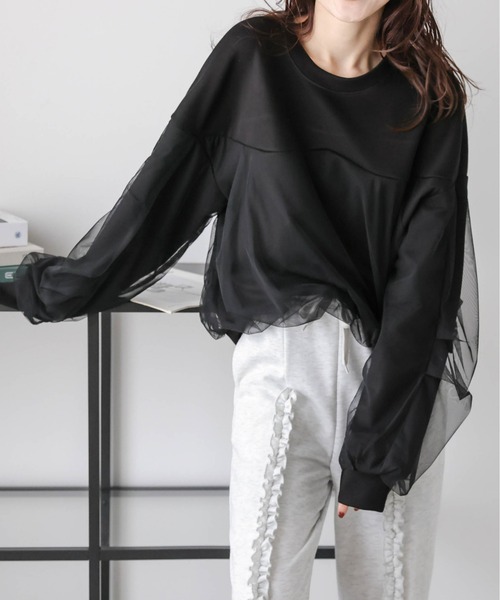 AMELY(エミリー)の「チュールレイヤードプルオーバー(Tシャツ/カットソー・レディース・ホワイト/ベージュ/ブラック・フリー)」の10枚目の写真