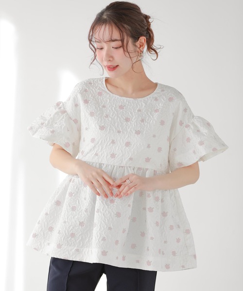 Fit more（フィットモア）の「フレアスリーブフラワージャガードトップス（Tシャツ/カットソー・レディース・イエロー/ホワイト/ピンク・FREE）」の4枚目の写真