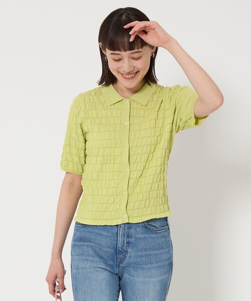 green label relaxing(グリーンレーベルリラクシング)の「シャーリング ポロニット カーディガン -ウォッシャブル-(カーディガン/ボレロ・レディース・オフホワイト/ネイビー/イエロー・FREE)」の14枚目の写真