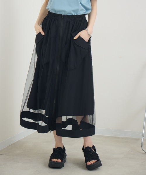 Paradise Picnic（パラダイスピクニック）の「ZIP使いチュール重ねスカート（スカート・レディース・ブラック/チャコールグレー/カーキ・FREE）」の11枚目の写真