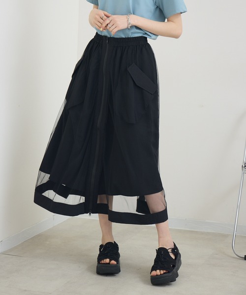 Paradise Picnic（パラダイスピクニック）の「ZIP使いチュール重ねスカート（スカート・レディース・ブラック/チャコールグレー/カーキ・FREE）」の12枚目の写真