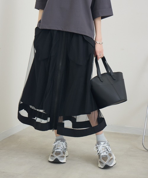 Paradise Picnic（パラダイスピクニック）の「ZIP使いチュール重ねスカート（スカート・レディース・ブラック/チャコールグレー/カーキ・FREE）」の7枚目の写真