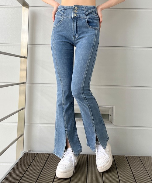 セール】3つ釦ハイウエストフレアパンツ（デニムパンツ）｜GLAMOROUS