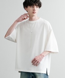 UVカット 梨地裾スリット オーバーサイズストレッチクルーネック半袖Tシャツ ビッグTシャツ