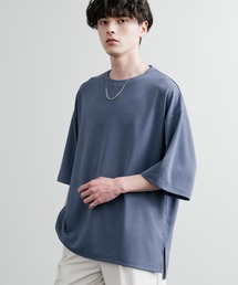 UVカット 梨地裾スリット オーバーサイズストレッチクルーネック半袖Tシャツ ビッグTシャツ