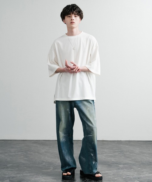 Rocky Monroe（ロッキーモンロー）の「UVカット 梨地裾スリット オーバーサイズストレッチクルーネック半袖Tシャツ ビッグTシャツ（Tシャツ/カットソー・メンズ・ダークグレー/ベージュ/ブルーグレー/ブラック/ダークグリーン/オフホワイト・M/L/LL）」の9枚目の写真