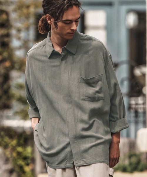 CAMBIO（カンビオ）の「ms6055-Linen Rayon Fly Front 3-4 Sleeve Shirts 七分袖シャツ（シャツ/ブラウス・メンズ・ダークカーキ/ブラック/キナリ・S/M/L）」の4枚目の写真