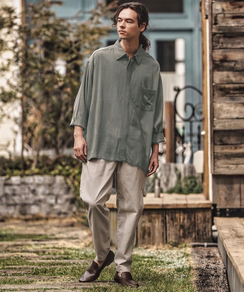 CAMBIO（カンビオ）の「ms6055-Linen Rayon Fly Front 3-4 Sleeve Shirts 七分袖シャツ（シャツ/ブラウス・メンズ・ダークカーキ/ブラック/キナリ・S/M/L）」の8枚目の写真