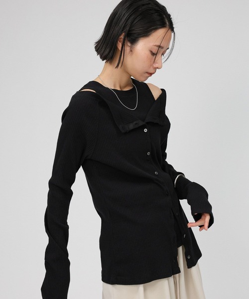 BABYLONE（バビロン）の「ヴィンテージライトリブカーディガン（カーディガン/ボレロ・レディース・チャコール/サンドベージュ/ブラック・フリー）」の2枚目の写真