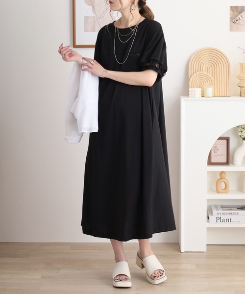 EGLANTINE(エグランティーヌ)の「EGLANTINE 素材切り替えカットソーワンピース 半袖ロングワンピース(ワンピース・レディース・グレイッシュブルー/カーキ/ブラック/ダークグリーン/レンガ・40)」の2枚目の写真