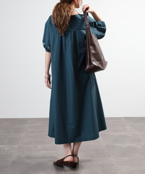 EGLANTINE(エグランティーヌ)の「EGLANTINE 素材切り替えカットソーワンピース 半袖ロングワンピース(ワンピース・レディース・グレイッシュブルー/カーキ/ブラック/ダークグリーン/レンガ・40)」の10枚目の写真