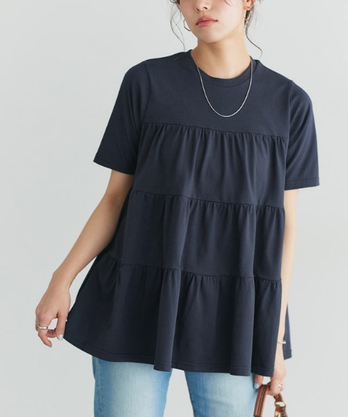 Pierrot(ピエロ)の「イージーケアティアード半袖Tシャツ(Tシャツ/カットソー・レディース・チャコール/ネイビー/ブラック/オフホワイト・PM/M/L)」の4枚目の写真