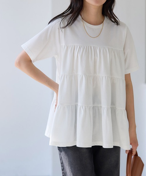 Pierrot(ピエロ)の「イージーケアティアード半袖Tシャツ(Tシャツ/カットソー・レディース・チャコール/ネイビー/ブラック/オフホワイト・PM/M/L)」の2枚目の写真