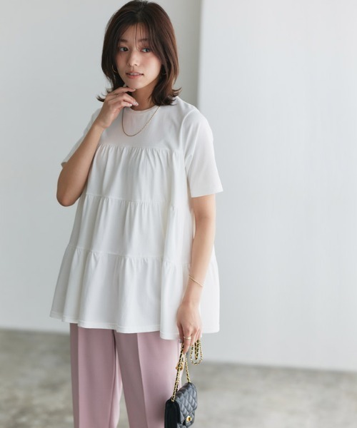 Pierrot(ピエロ)の「イージーケアティアード半袖Tシャツ(Tシャツ/カットソー・レディース・チャコール/ネイビー/ブラック/オフホワイト・PM/M/L)」の14枚目の写真