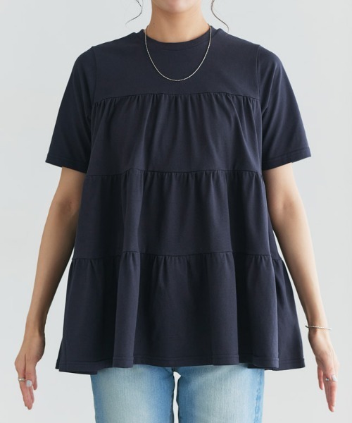 Pierrot(ピエロ)の「イージーケアティアード半袖Tシャツ(Tシャツ/カットソー・レディース・チャコール/ネイビー/ブラック/オフホワイト・PM/M/L)」の9枚目の写真