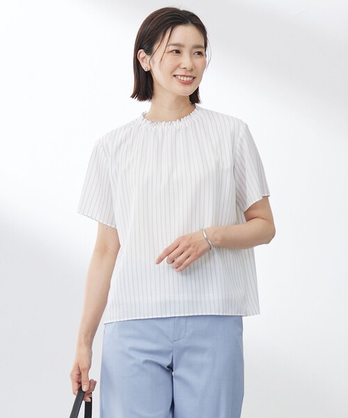 J.PRESS Ladies(J.プレス レディス)の「【洗える】シアーストライプ&チェック ブラウスライク カットソー(Tシャツ/カットソー・レディース・ホワイト系1/グレー系3/ベージュ系1/ダークブラウン系3・SMALL)」の1枚目の写真