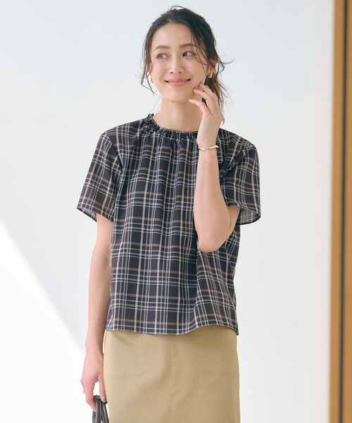セール】【洗える】シアーストライプ＆チェック ブラウスライク