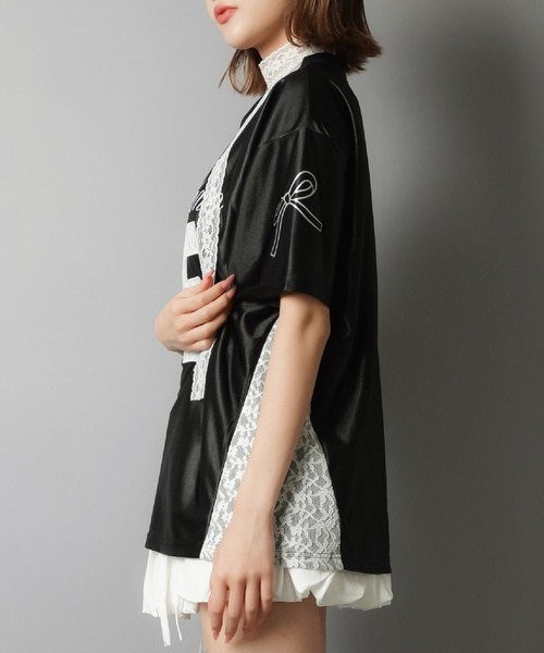 定価25000円　カプリシャスミー　半袖　Tシャツ　黒　ピンク　スカート　レース 定価25000円 カプリシャスミー 半袖 Tシャツ 黒 ピンク スカート